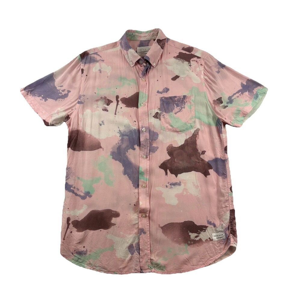 Duvin Design Button Up Shirt Mens L Pink Water Color Abstract All Over Print
